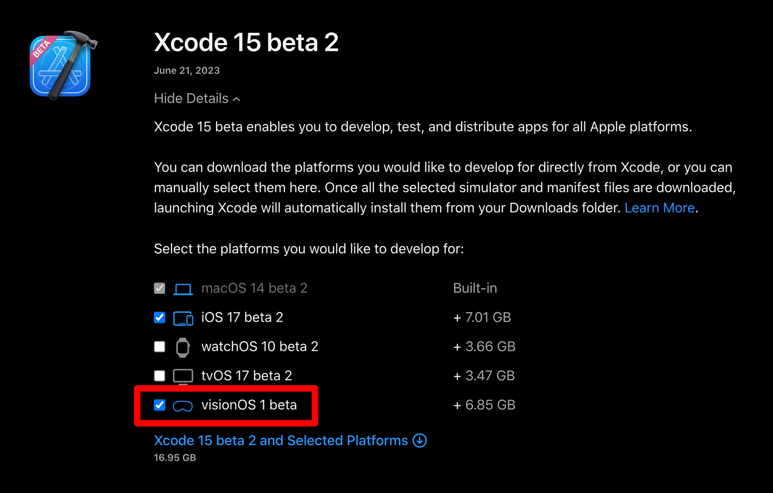 visionOS Selected in Xcode 15