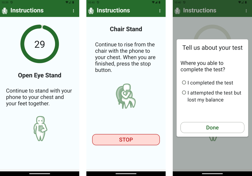 Screenshot of the physical assessments user interface, displaying data captured through the phone’s accelerometer for tracking movement and activity.