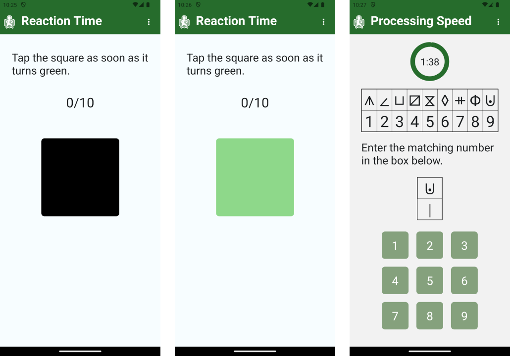 Screenshot of the cognitive evaluation tests interface, showing tasks that measure reaction times and cognitive processing speeds, offering insights into cognitive function and fall risk.